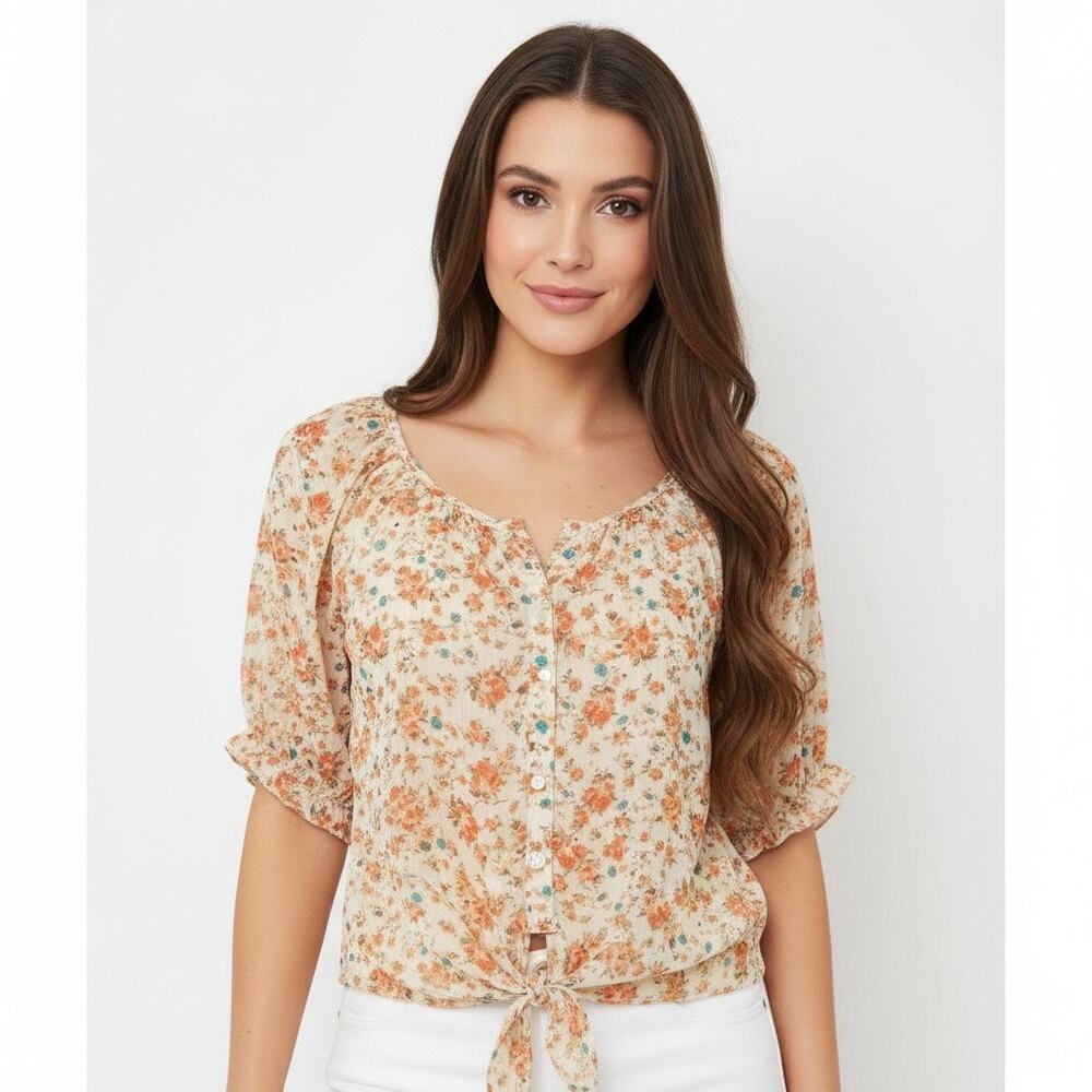 Poetry Sheer Floral Tie Front Peasant Blouse Boho Cottagecore Medium Coquette